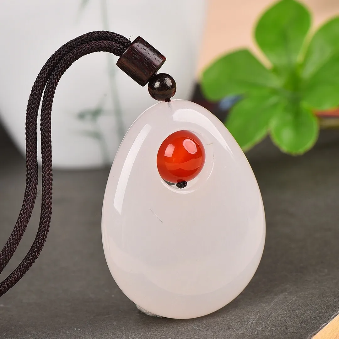 

39*50mm Natural White Jade Waterdrop Pendant With Rope Chain Nephrite Hetian Jades Charms Necklace Men Women Lucky Amulet Gifts
