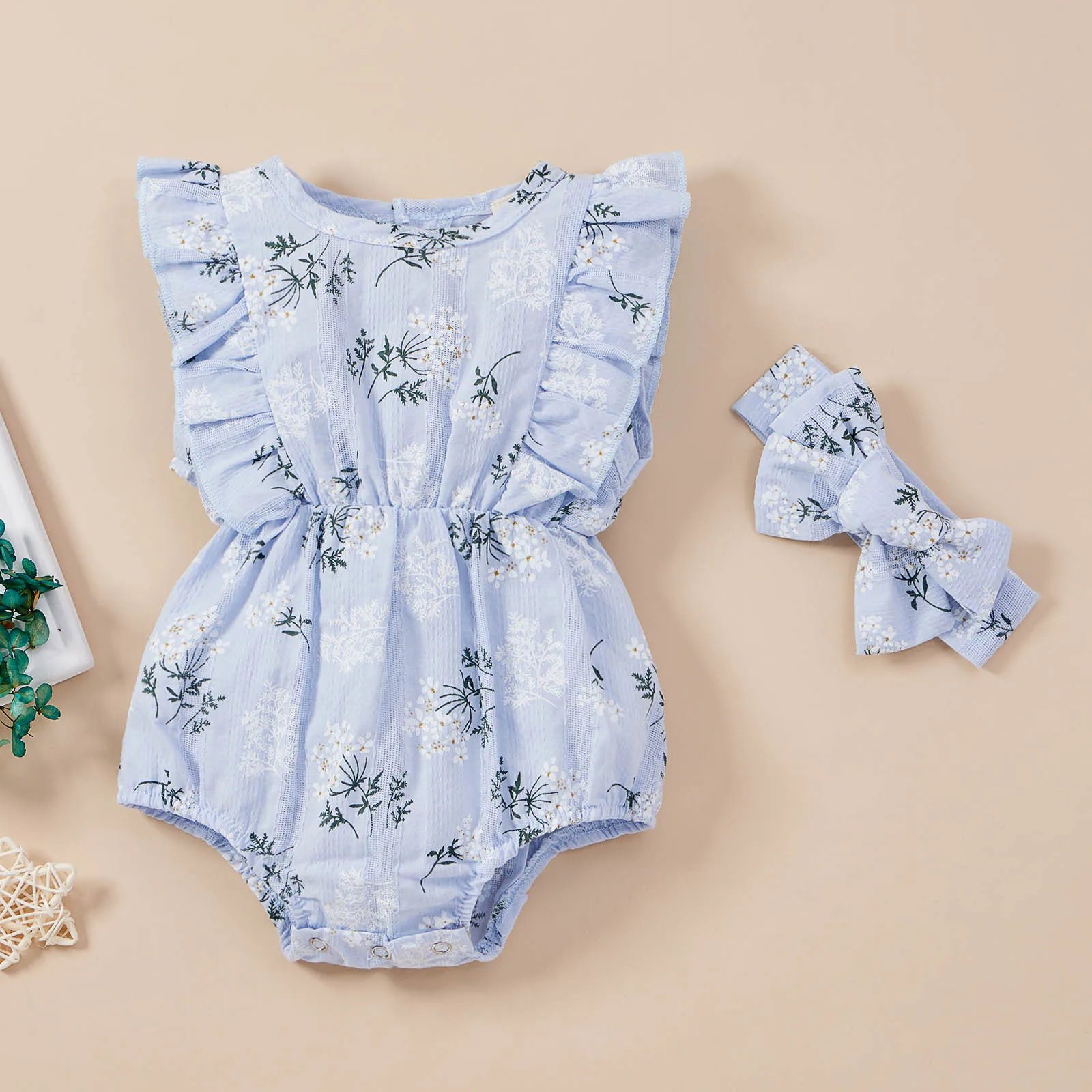 

Infant Baby Girl Romper Sleeveless Ruffles Floral Printed Baby Bodysuit Headbands Covered Button Baby Girl Summer Clothes