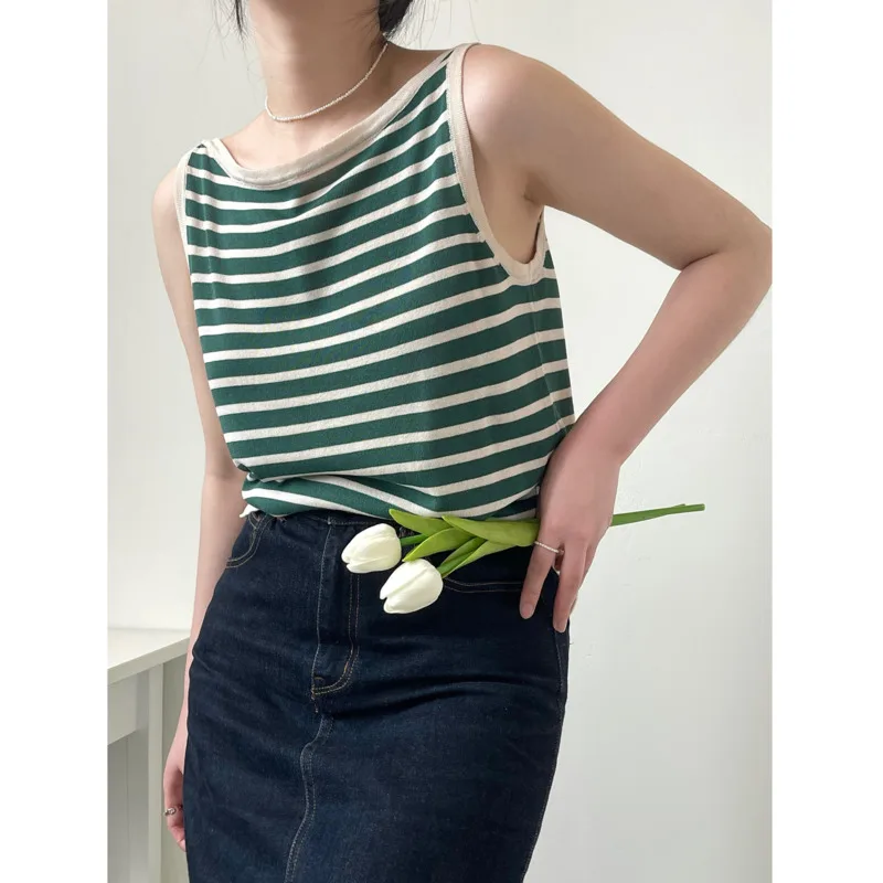 

Vintage Striped Women Tank Tops Sleeveless Lace-up Knitted Stripe Vest Chic Loose Female Camis Tops 2022 Green Red Blue
