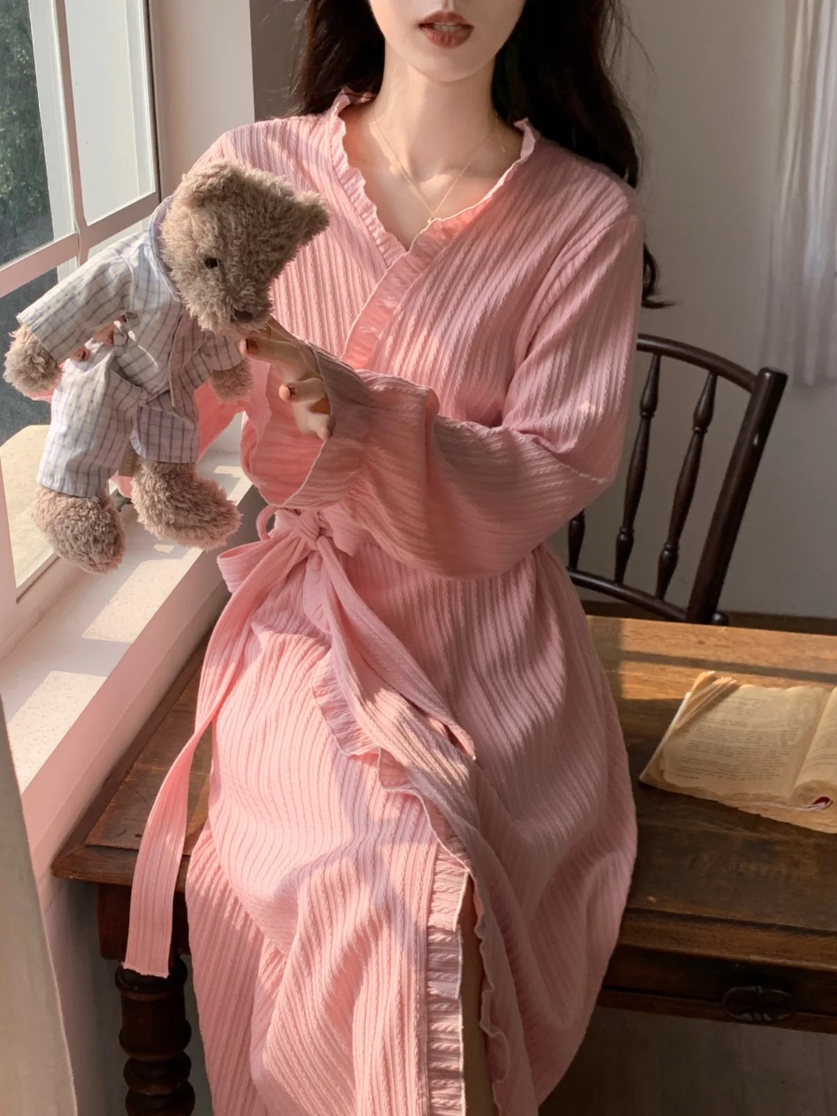 Nightgown Women Autumn and Winter Pure Cotton Sweet Lace-up Bathrobe Long Spring Summer Thin Morning Gowns Homew...