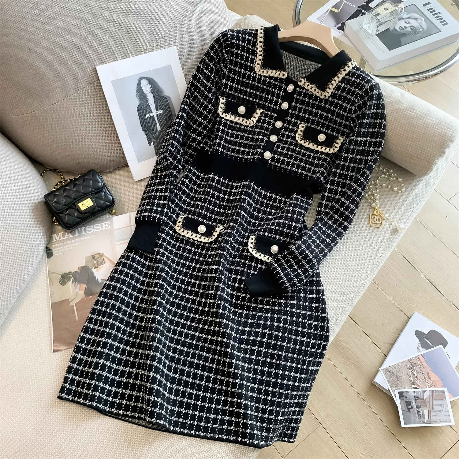 

Elegant Women Turn Down Collar Knitted Dress 2022 Fashion Autumn Winter Plaid Pearl Button Weave Tassel Sweater Dress Vestidos