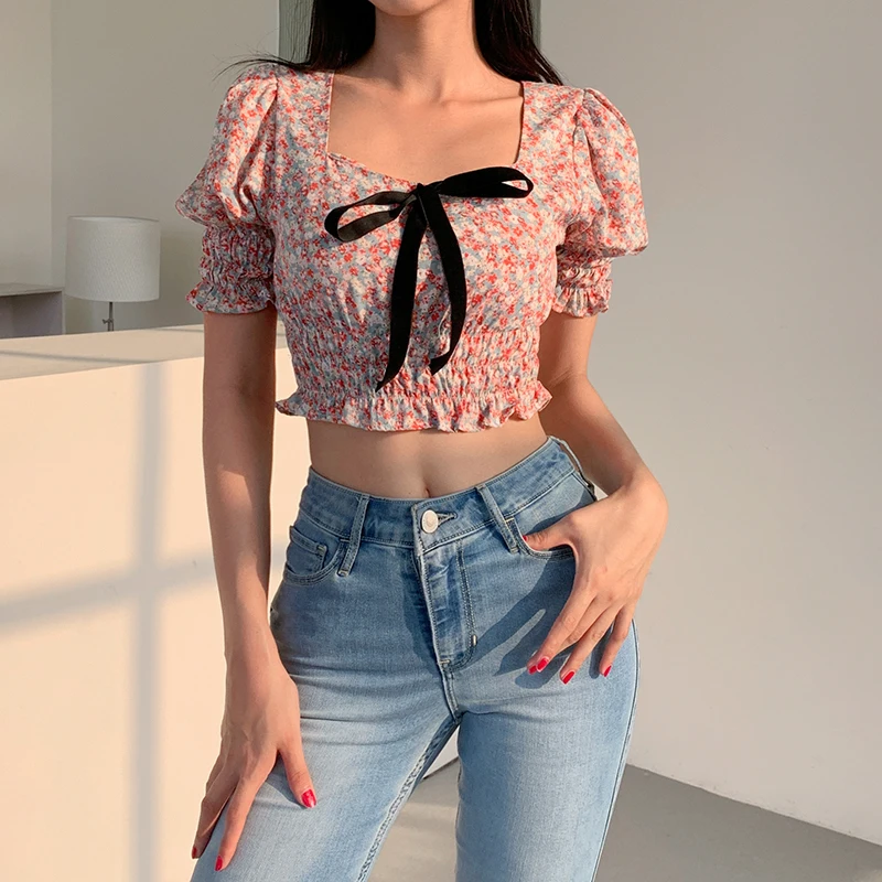 Summer Sweet Pink Floral Print Y2k Cropped Tops Aesthetic Square Collar Bow  Puff Sleeve Kawaii T-shirts Cute Vintage Women Tees - купить по выгодной  цене | AliExpress