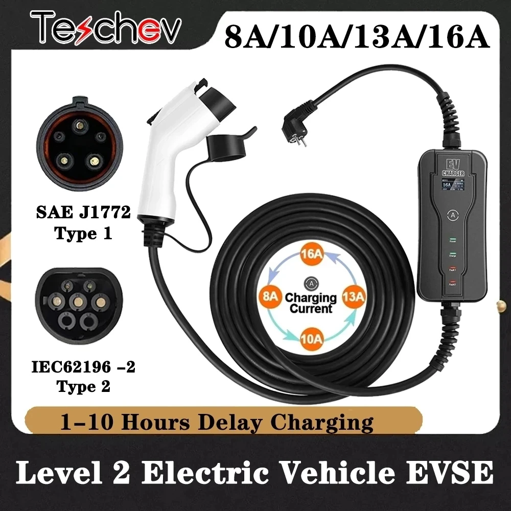 Портативное зарядное устройство Teschev Type 1 SAE J1772 IEC62196-2 типа 2 уровня 2 8A 10A 13A 16A автомобильное зарядное устройство
