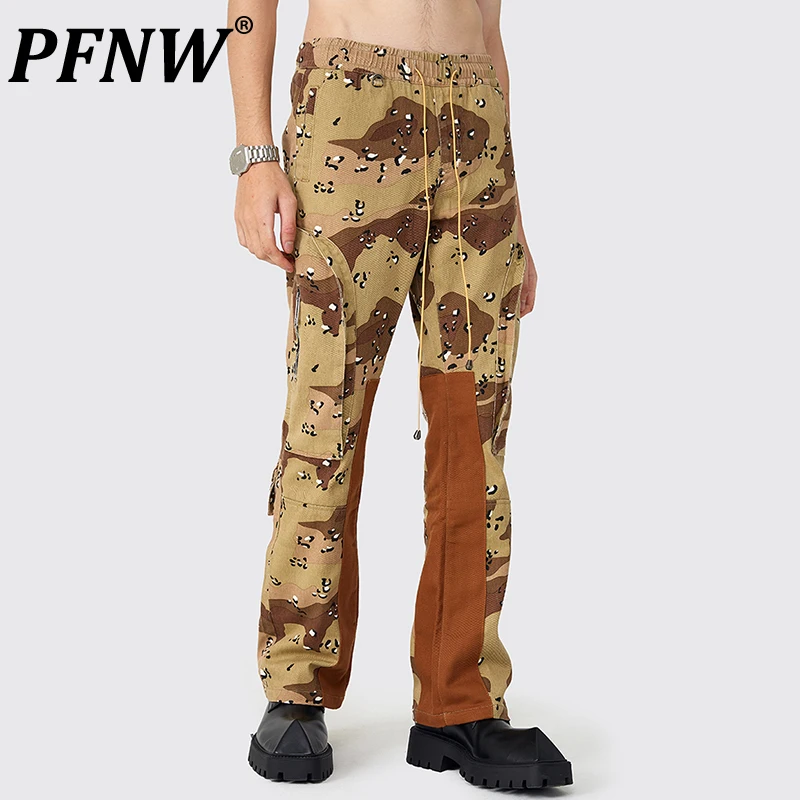 PFNW Spring Autumn New Men's Camouflage Trousers Safari Style Vintage Straight Slim Casual Outdoor Print Patchwork Pants 28A0804
