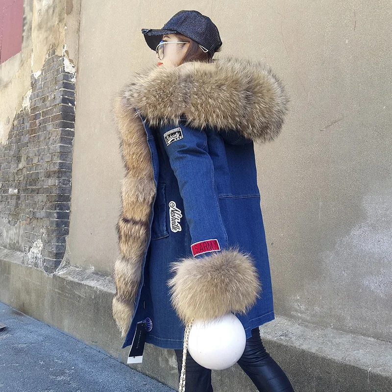 2022 new winter clothes natural fur coat denim pie overcome raccoon fur grass liner fox fur collar coat long coat female jacket