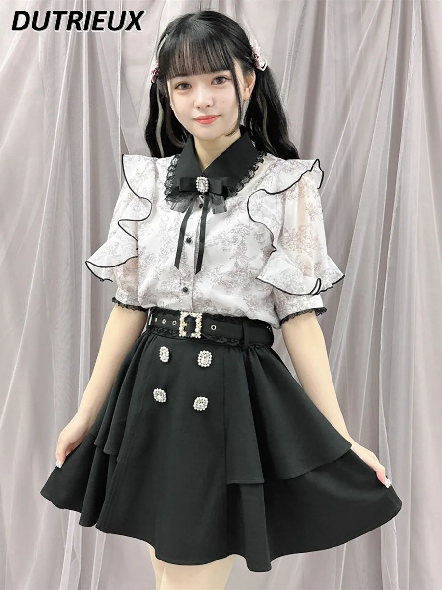 

Japanese Rojita Shirt Fashion Short Sleeve Top for Women See-through Women's Shirt Organza Printed Bow Ruffle V-neck Blouse