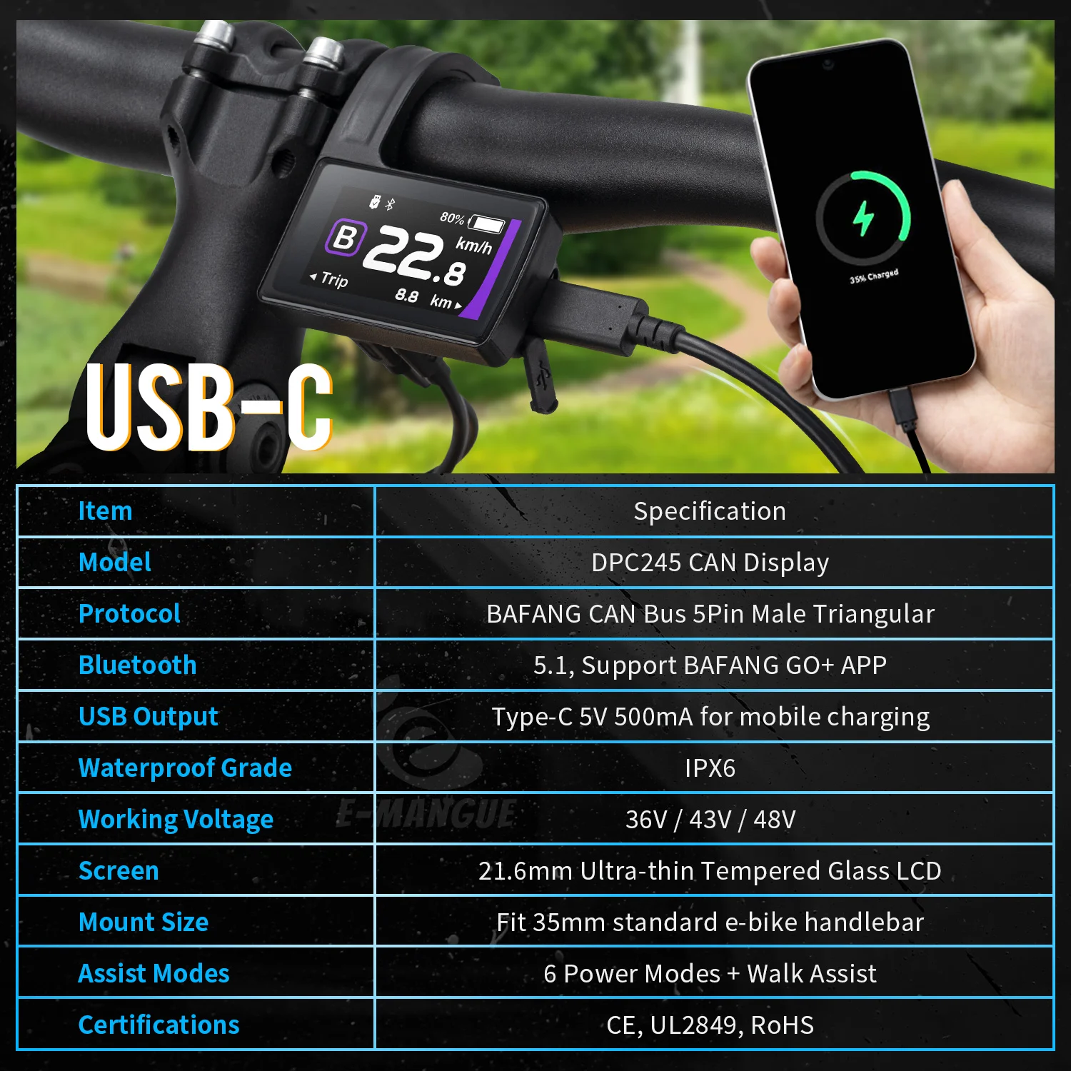 Фото Дисплей Bafang DPC245 с Bluetooth 5.1 и CAN-протоколом, 5-контактный треугольный разъем с портом Type-C для среднемоторных систем Bafang с CAN-протоколом №4