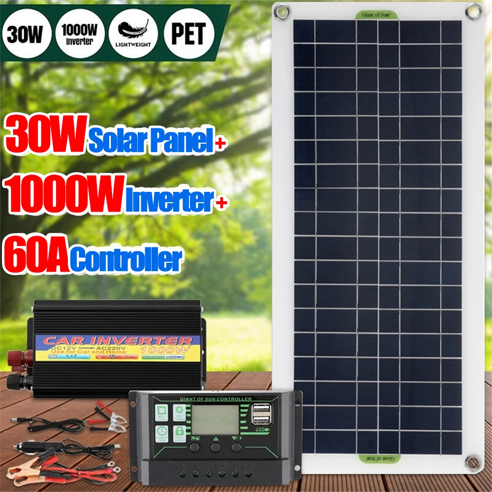 

Solar Panel Kit Complete Dual USB 220V 1000W Power Inverter + 30W Solar Panel + 40A/60A Controller Solar Power Generation Set