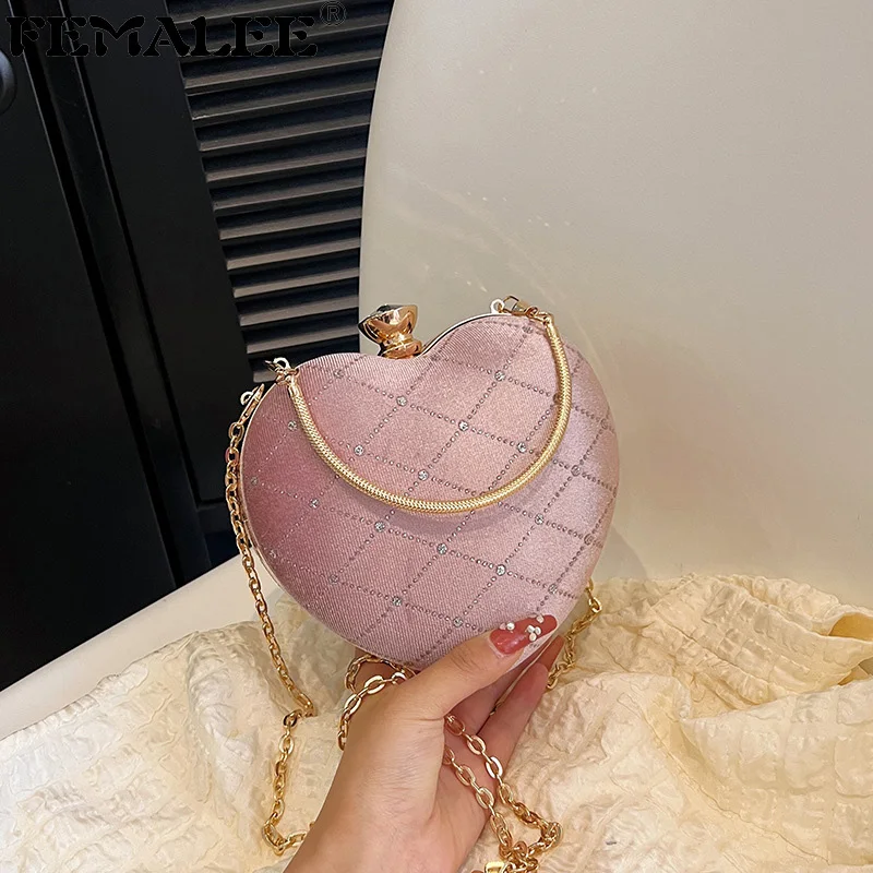 

Small Heart Design Women Dinner Clutch Small Diamonds Velvet Evening Bags Party Wedding Handbags Velour Purse For Female