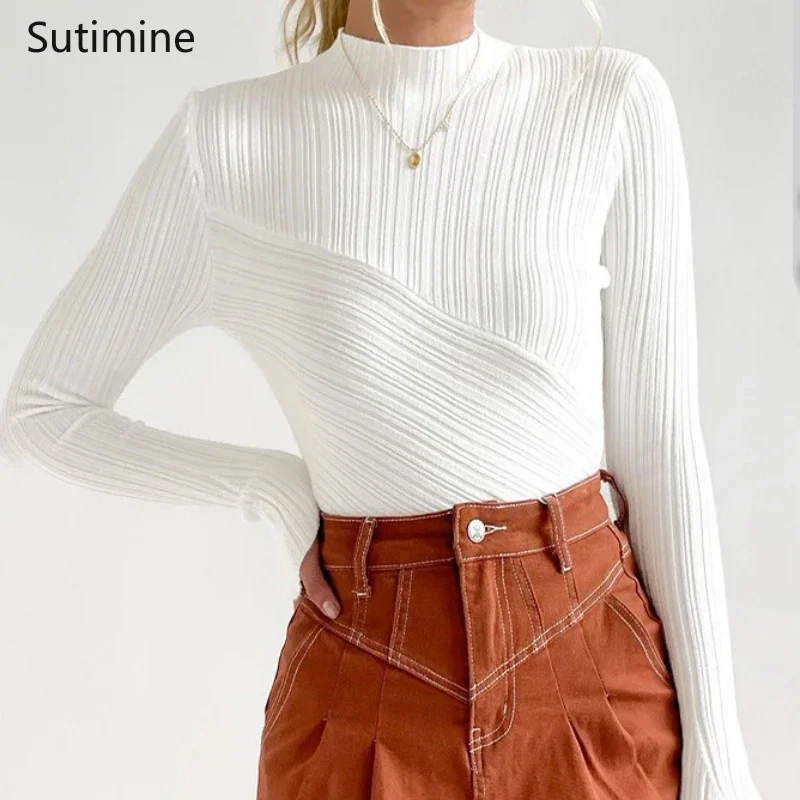 

Sutimine Chic Elegant Turtleneck T-shirt Women Slim Knitted Long Sleeve Top Korean Fashion Winter T Shirt Sexy Blouse Y2k Top