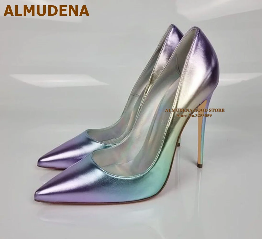 ALMUDENA Gradient Multi-color Fluorescent Matte High Heel Shoes 12cm 10cm 8cm Shallow Pointed Toe Dress Pumps Colorful Slip-on