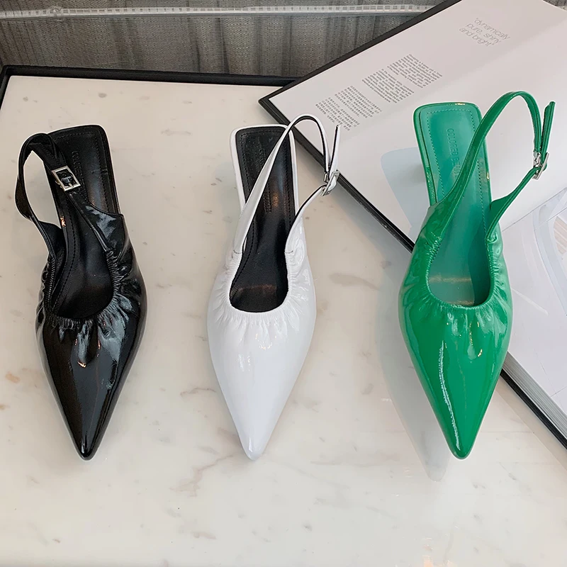 

2022 Summer Luxury Women Green White Kitten Low Heels Slingback Sandals INS Designer High Heels Closed Toe Sandals Party Shoes