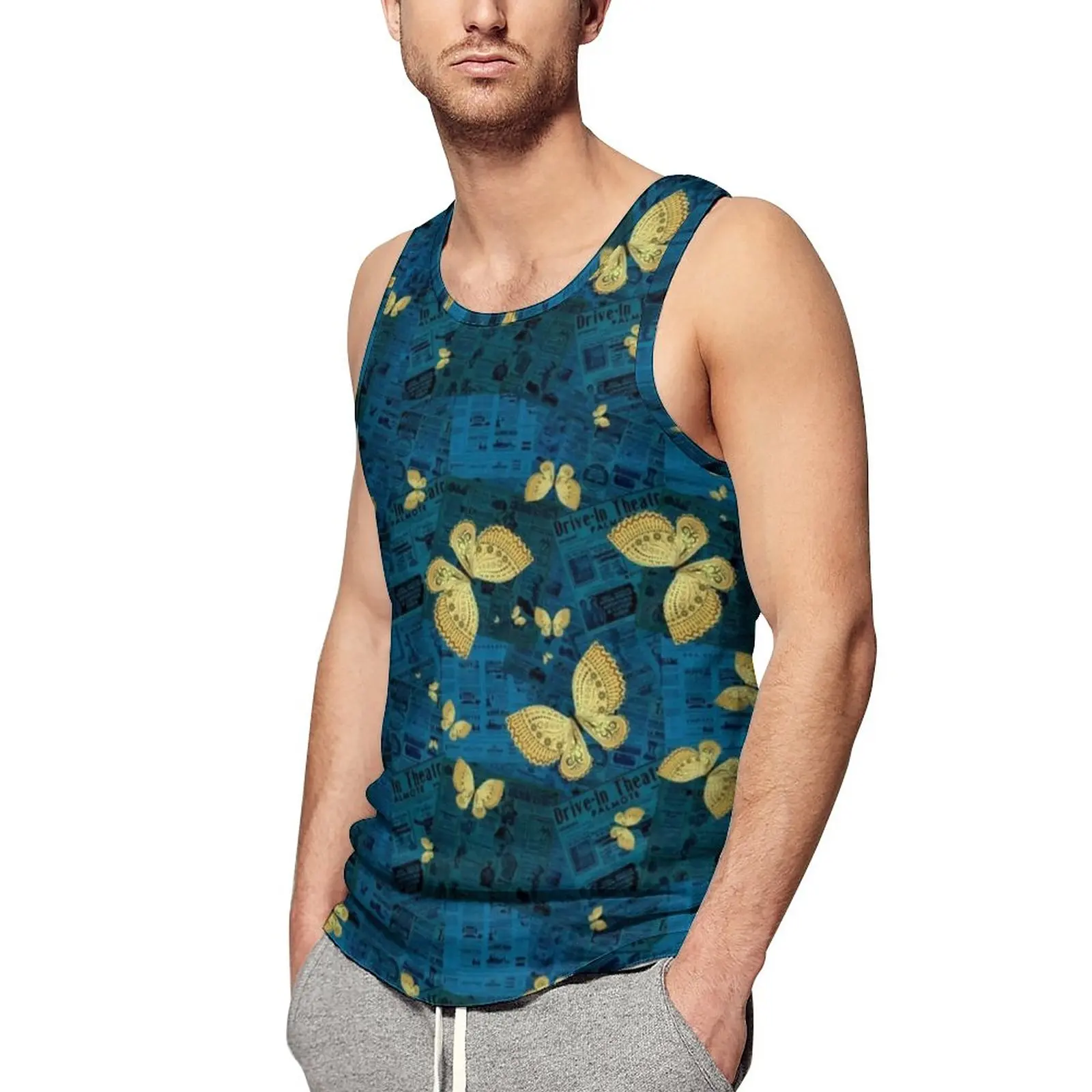

Old Newspaper Print Tank Top Male Gold Butterflies Streetwear Tops Summer Bodybuilding Graphic Sleeveless Vests Plus Size 5XL