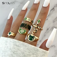 sindlan 6pcs y2k frog green color rings for women aesthetic cute heart crystal gold set teenager kpop 2022 jewelry anillos mujer