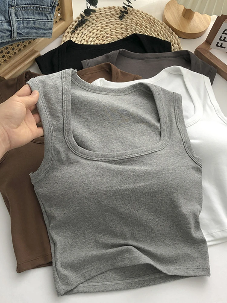

Women's Sexy Low-Collar Sleeveless Square Neck Tank Tops with Chest Pad Solid Female Summer with Pad Slim Bottoming Crop Tops