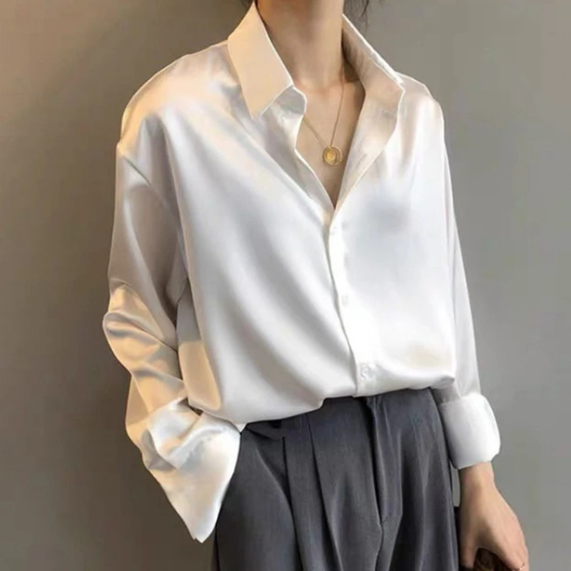 

New Korean Elegant Formal Classic Shirts Women Long Sleeve White Imitation Silk Blouses OL Smooth Satin Lapel Spring Shirts