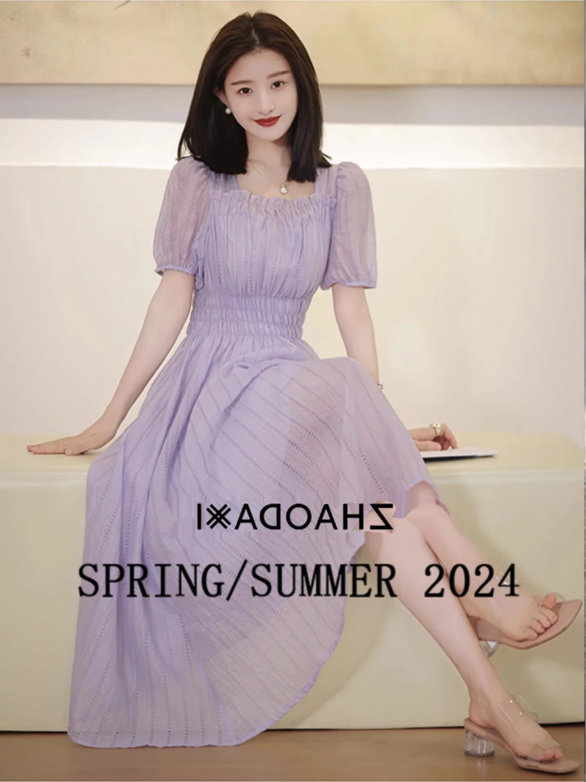 Сказочное фиолетовое платье в стиле ретро с квадратным вырезом новинка весны 2024