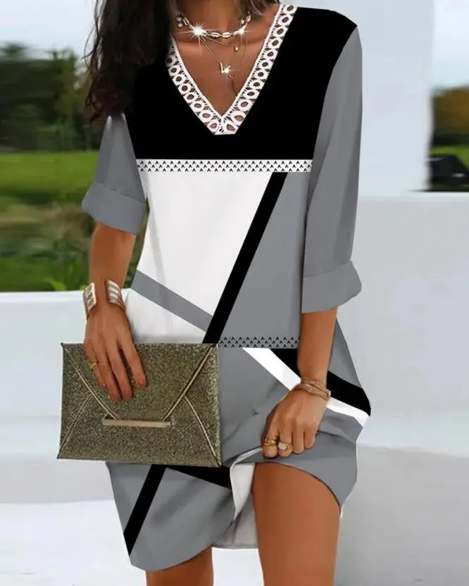

Women's Dresses 2022 Summer Colorblock Contrast Lace Long Sleeve Casual V-Neck Daily Mini Straight Dress