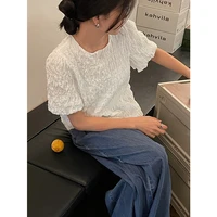 yyds summer 2022 new round neck pleated blouse korean style loose short sleeve top