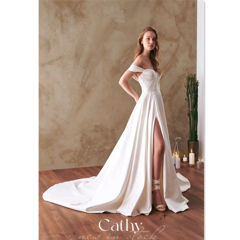 

Cathy Elegant A-line Satin Sweep Train Wedding Dress 2023 Sweetheart Side Split Wedding Dress Wedding Gown For Bride 2022