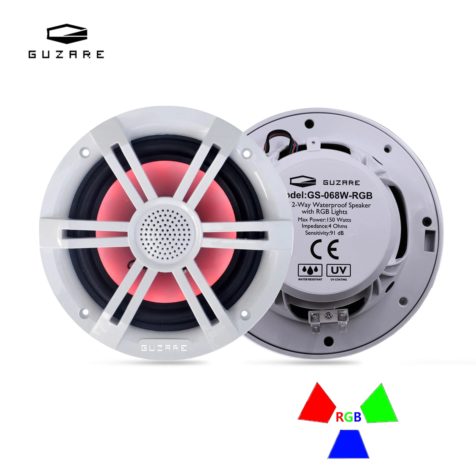 Динамики GUZARE с RGB-подсветкой, 150 Вт * 2 шт., IP66 Водонепроницаемые, белые, для лодки/дома