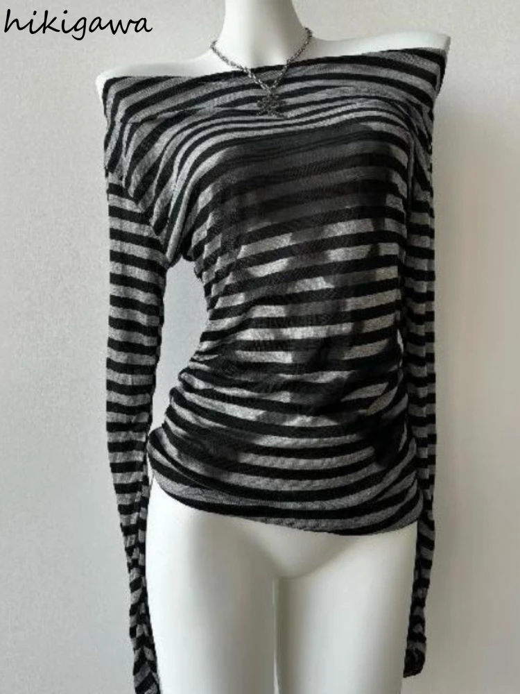 Женская футболка с вырезом лодочкой Повседневная в полоску черепом стиле