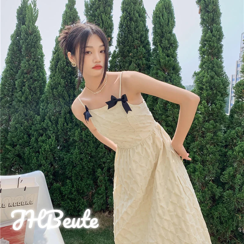 

Korean Dress Summer 2022 New Women WhiteTexture Strap Bow Backless Tunic Slip Sundress Party Elegant Chic Lady Fashion Clothing