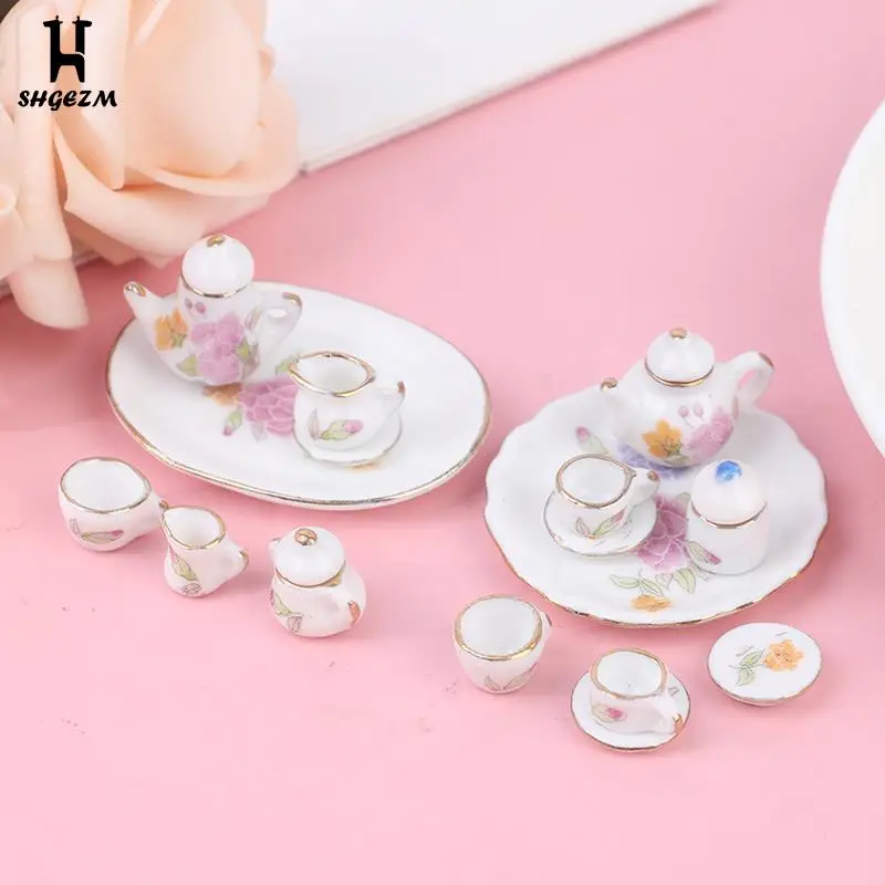 

8PCS 1/12 Miniature Dollhouse Pink Flower Patten Porcelain Coffee Tea Cups Ceram Tableware Doll House Kitchen Accessories