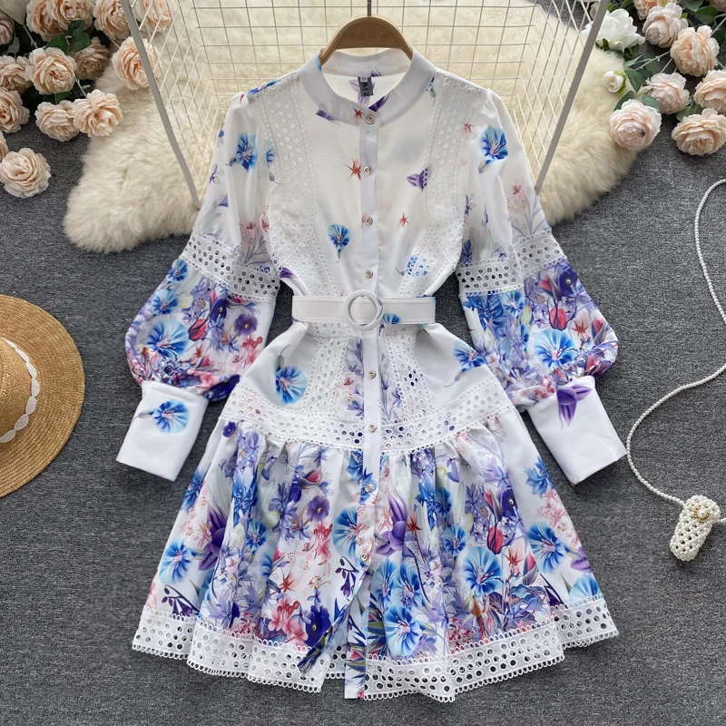 New Women Vintage Party Dress Long Sleeve Slim A-line Floral Print Dresses Ladies Casual Hollow Out Embroidery French Dress