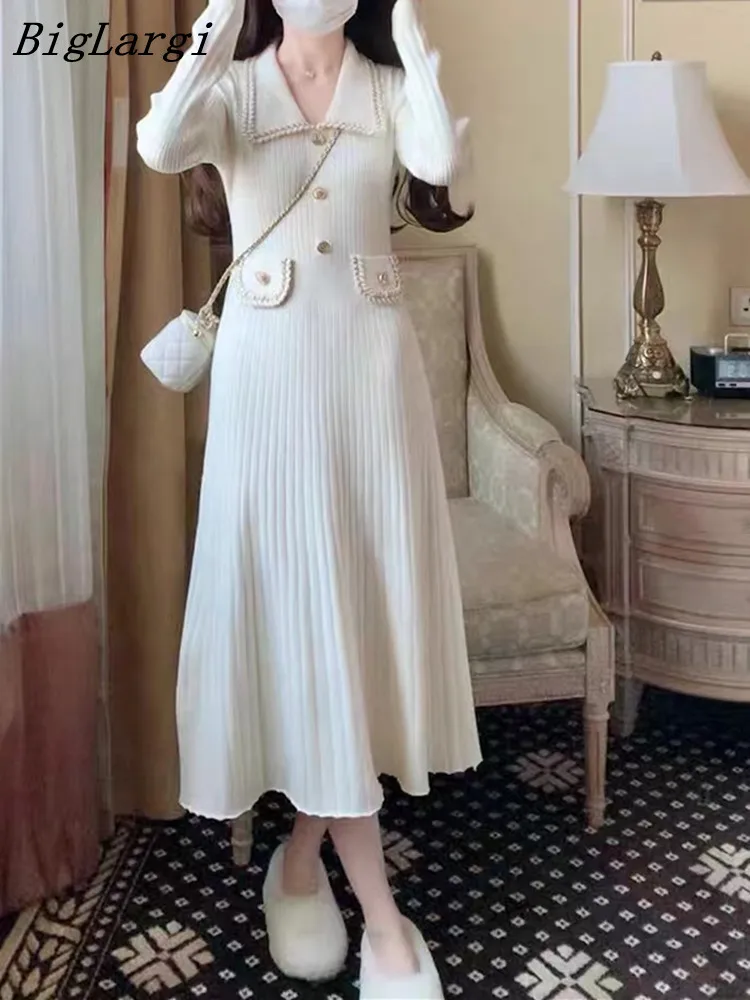 

2023 Elegant Vintage Knitted Dress Women Office Casual Korean Dress Long Modis Ladies Dress Jurken