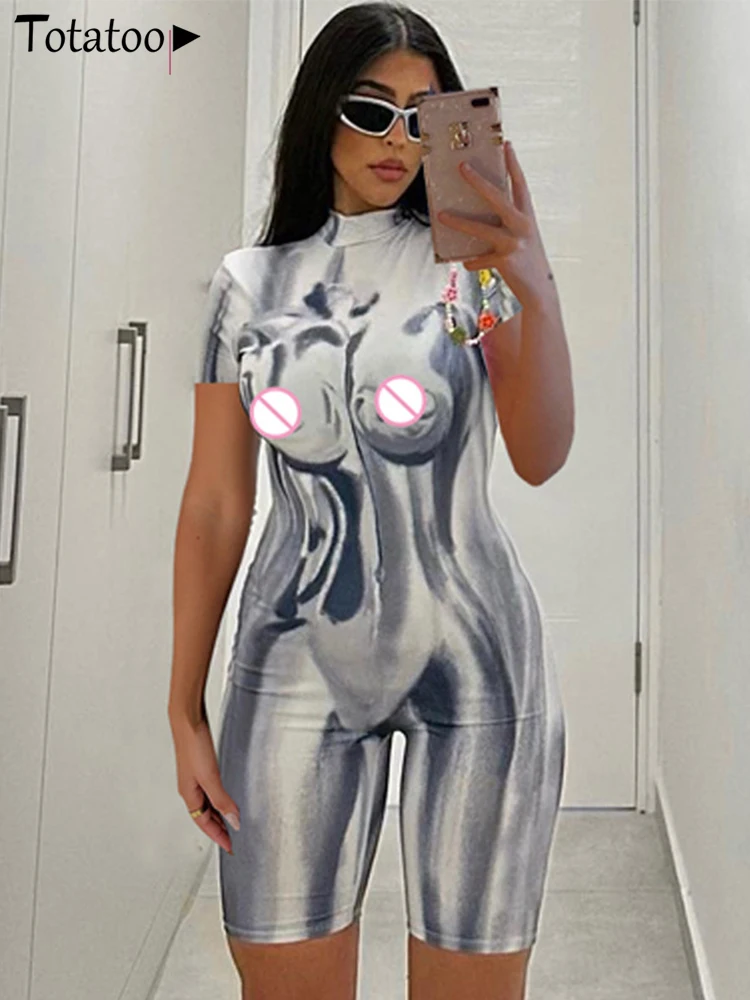 

Totatoop 3D Body Print One Piece Sexy Playsuit For Women 2023 Summer Short Sleeve Y2K Night Club Party Jumpsuit Outfits Rompers