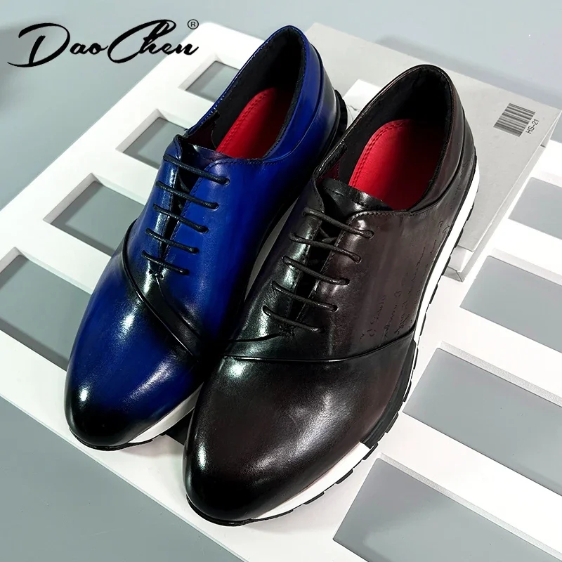 Luksusowa marka oryginalne skórzane męskie trampki czekoladowe wygodne buty typu Oxford dla mężczyzn Outdoor Street Walking