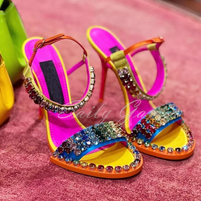 Rainbow Rhinestone High Heel Sandals Women Round Toe Buckle Strap Thin High Heel Bling Bling Crafted Crystal Banquet Dress Shoes