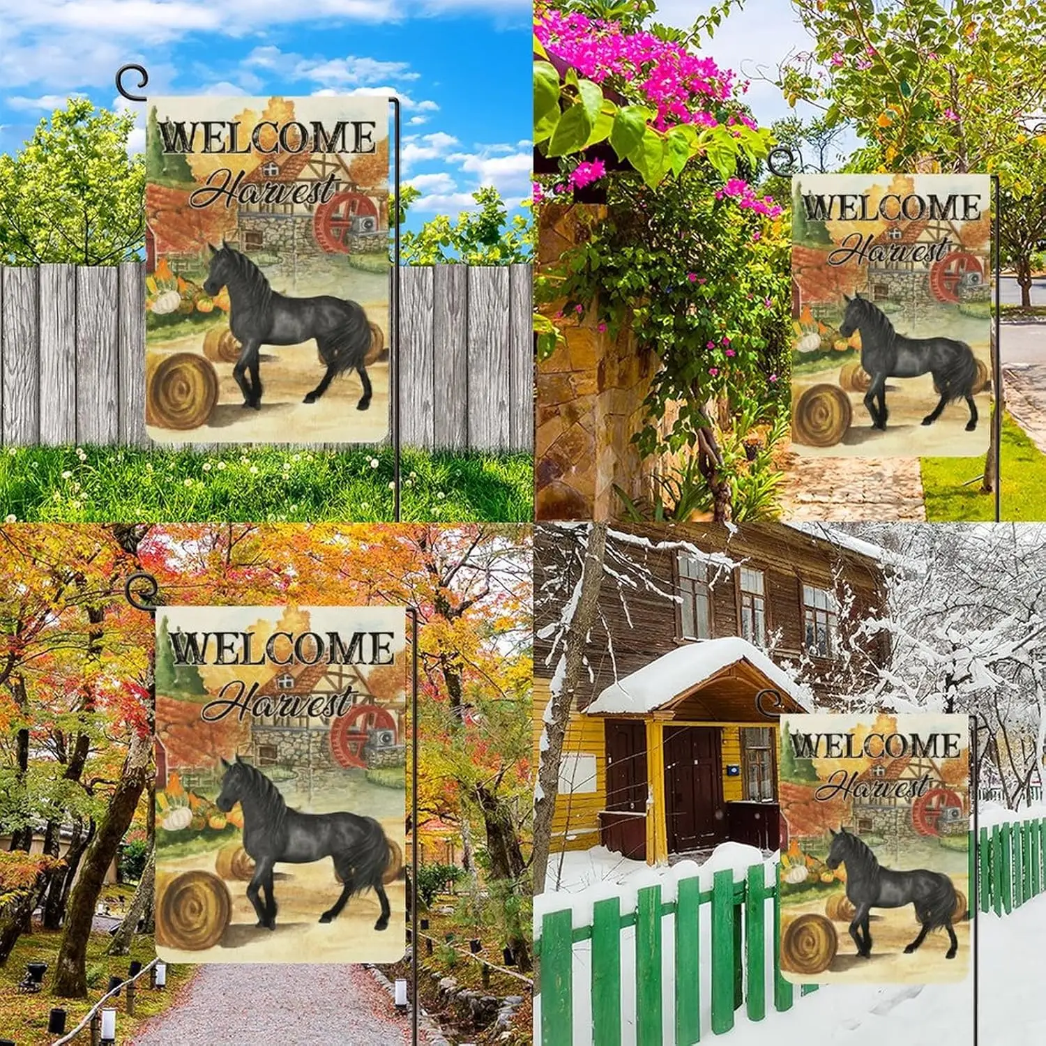 Fall Gold Farm Horse Welcome Outdoor Flag Garden Decor Thanksgiving for Outside Farmhouse 12x18in Burlap Verti