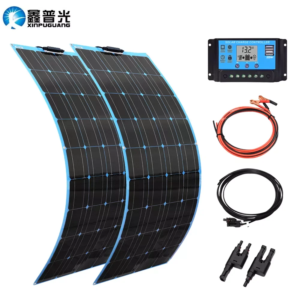 

New 200W Solar Panel Kit 18V 100W High Efficiency Flexible Photovoltaic Panels Solar System 12V/24V Battery Charger Controller