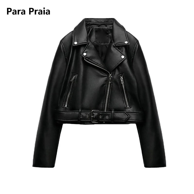 

Женская мотоциклетная куртка из искусственной кожи, черная куртка из мягкой искусственной кожи с отложным воротником и длинными рукавами, весна-осень 2024