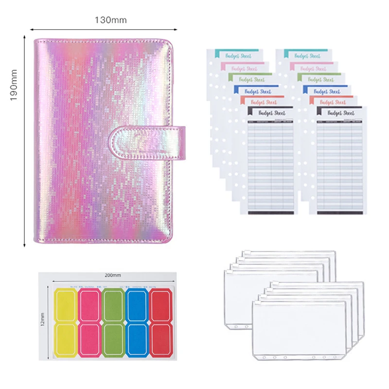 

A6 Budget Binder PVC Rainbow Laser Cover 8pcs Zipper Packets 12pcs budget sheets 1pc Lable Planner School Stationery 22pcs/set