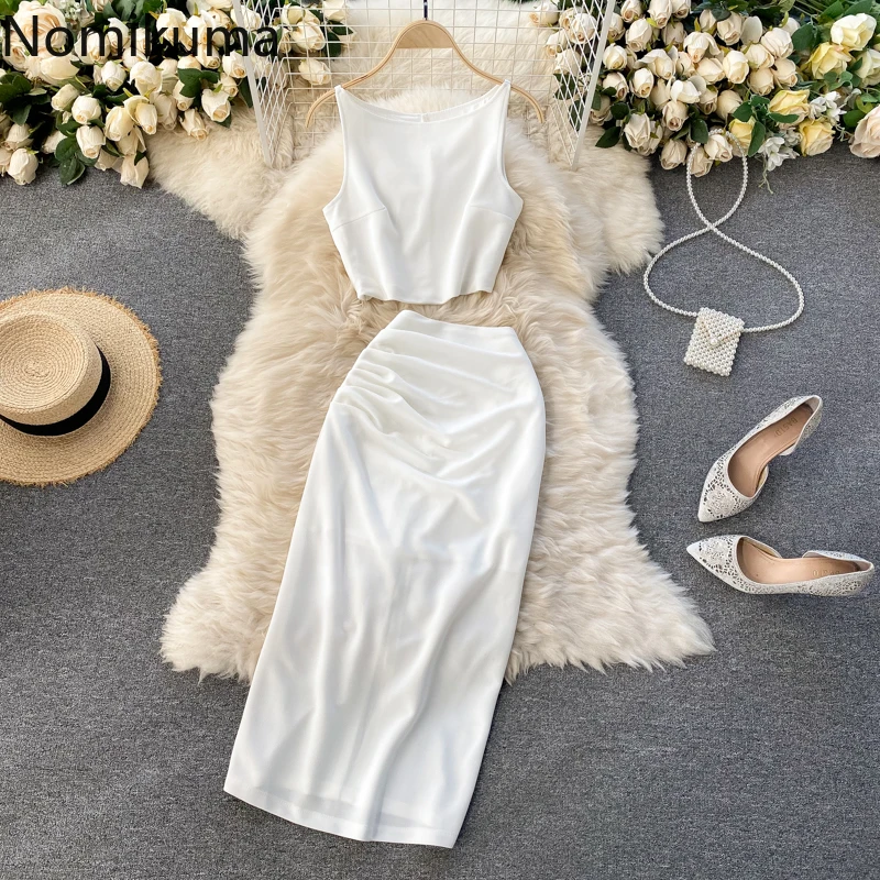 

Nomikuma Conjuntos De Falda Sleeveless High Waist Solid Color Simple Pleated Womens Two Peice Sets Retro Elegant Dress Sets