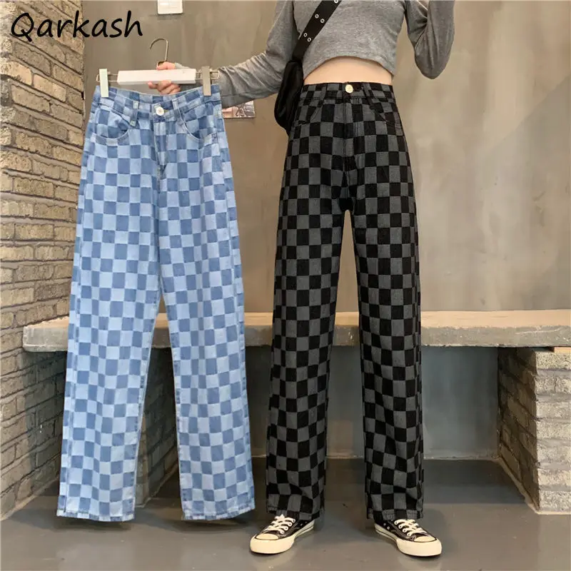 

Plaid Jeans Women Design Panelled Button Fly Straight Denim Trousers Korean Style Stylish High Waisted Teens Chic джинсы женские