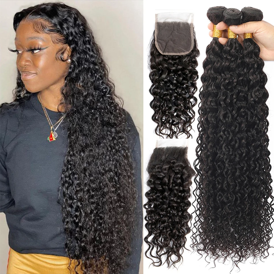 

Peruvian Water Wave Bundles With Closure Wet and Wavy Curly 12A Human Hair Bundles With Remy Hair Weave 3 Bundles With Closure