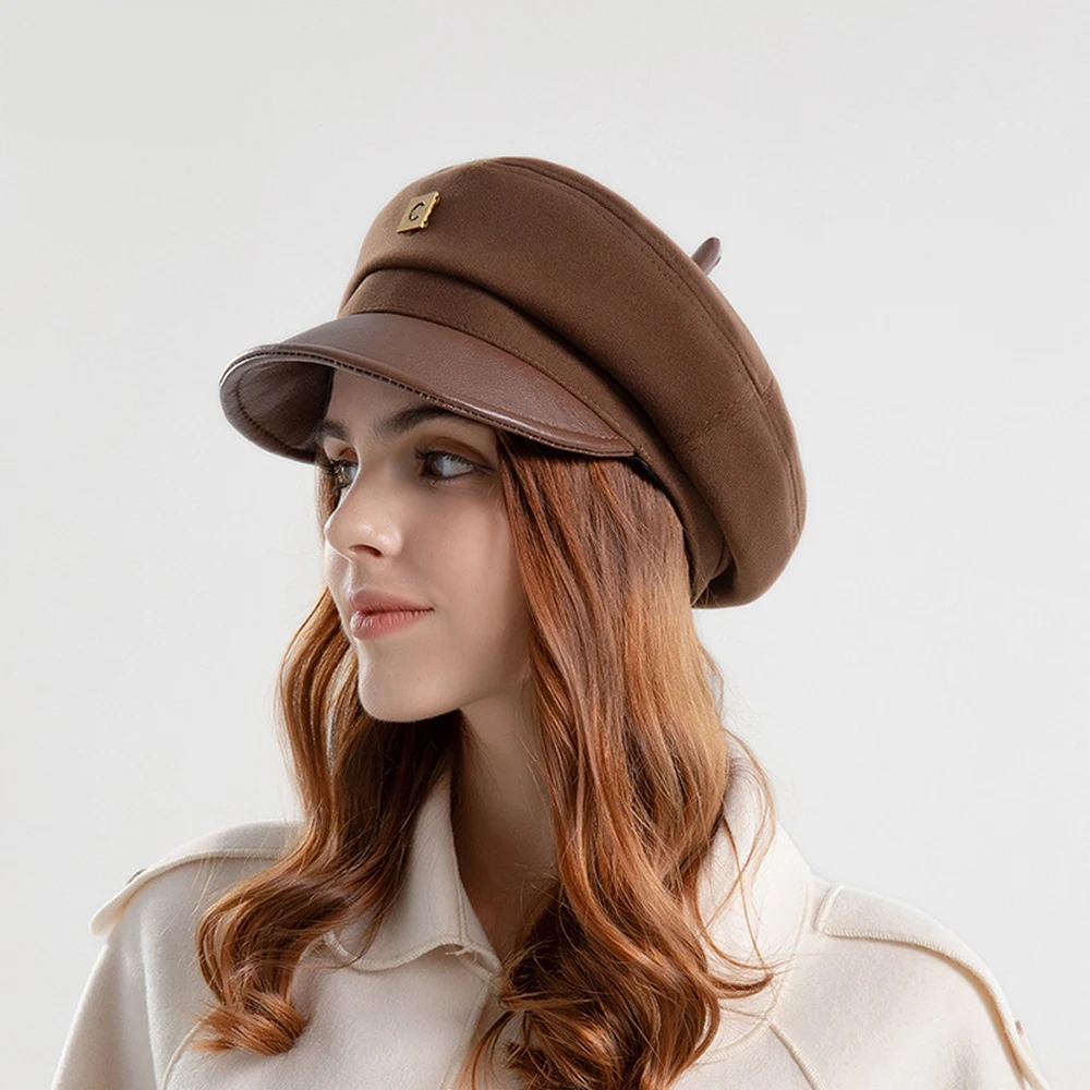 Autumn And Winter Women Beret Boina Newsboy Caps For Ladies Pu Material 56-59cm Hard Brim Painter's Hat Versatile BL0080