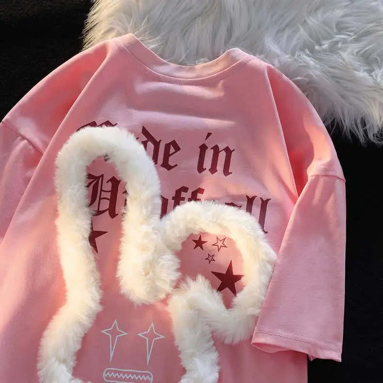 

Plush Decoration Short Sleeve T-shirt Women Summer Casual Crewneck Cotton Short Sleeve Tee High Street Loose Half-Sleeve Top New