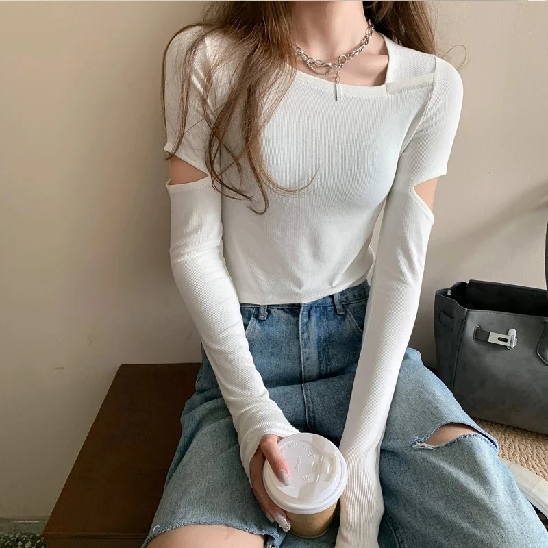 

2022 Fashion Women's Slim Fit T Shirt Ripped Round Neck Bottoming Shirt Women's Tight Top Solid Color Long Sleeve Basic Shirts