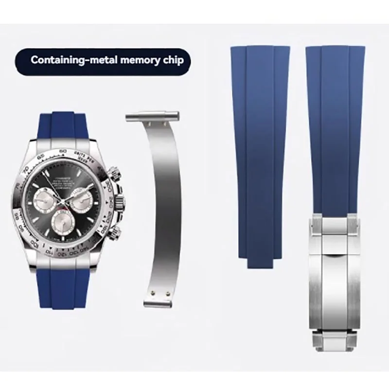 Фото Встроенный ремешок из фторкаучука из стального листа для Rolex Panda Daytona Water Ghost Yacht Mingshi Diary 20 мм резиновый ремешок для часов FKM №1
