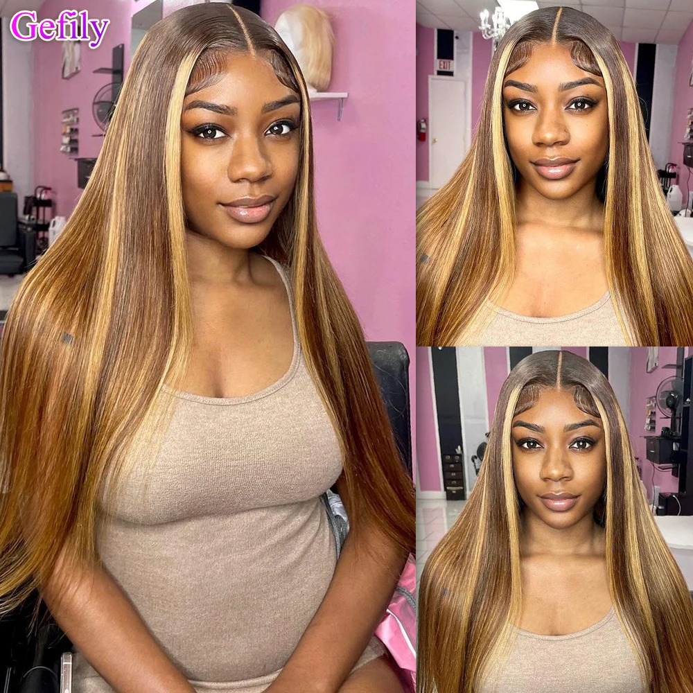 

Gefily 4/27 Color 13x4 Lace Frontal Human Hair Wig Highlight Ombre Honey Blonde Lace Straight Wig PrePlucked Baby Hair 28inch XJ