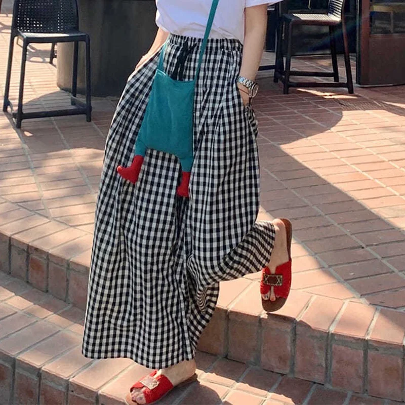 

2023 Summer Women Wide Leg Pant Culottes High Waist Drawstring Casual Plaid Palazzo Pant Cropped Trousers Skirt Pants