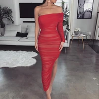 2021 red off shoulder ruched mesh dress women one sleeve sexy dresses split party long christmas dress pleated beige vestidos