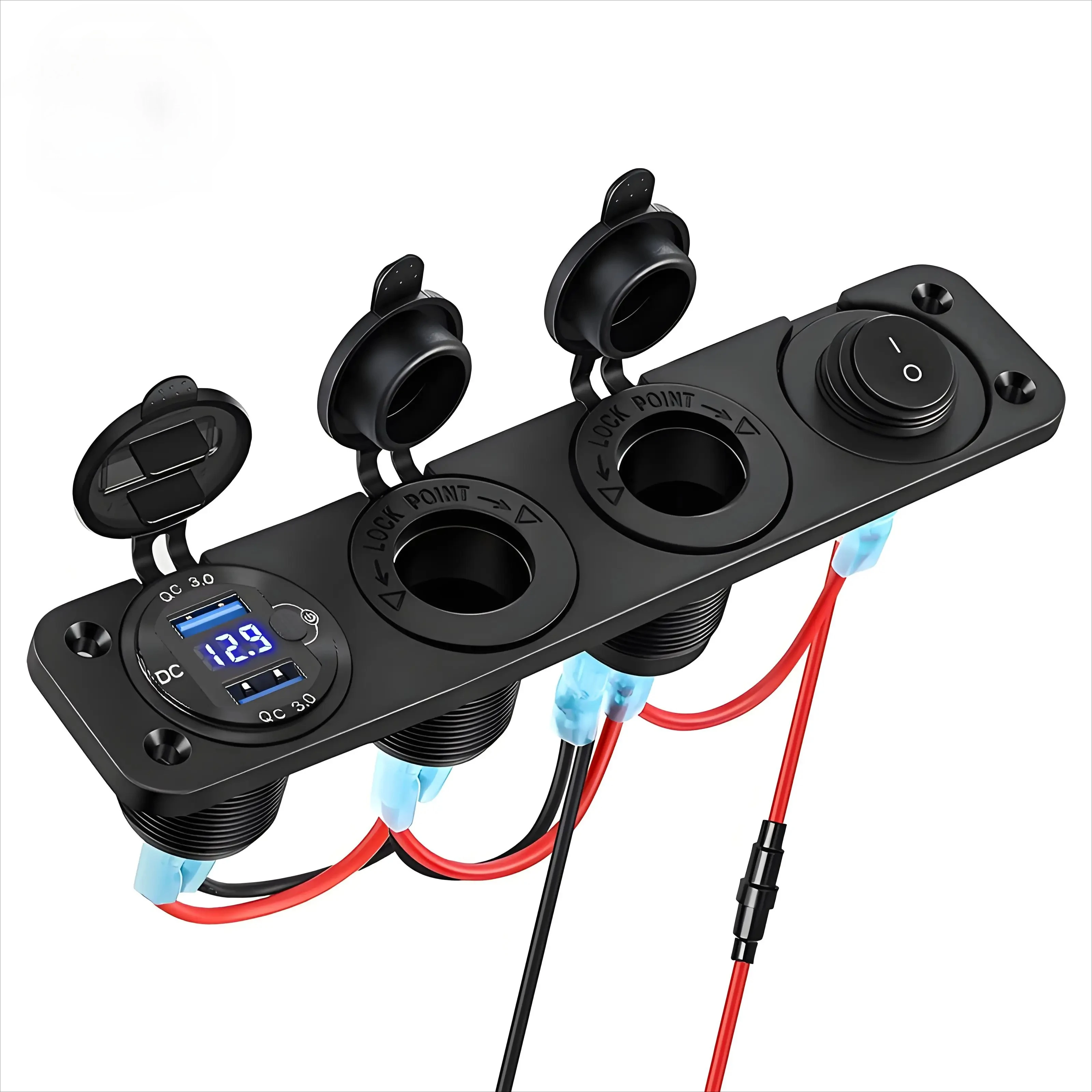 

12 В USB-розетка прикуривателя, панель, розетка, двойной порт QC3.0, 18 Вт, с вольтметром и кулисным тумблером, водонепроницаемый