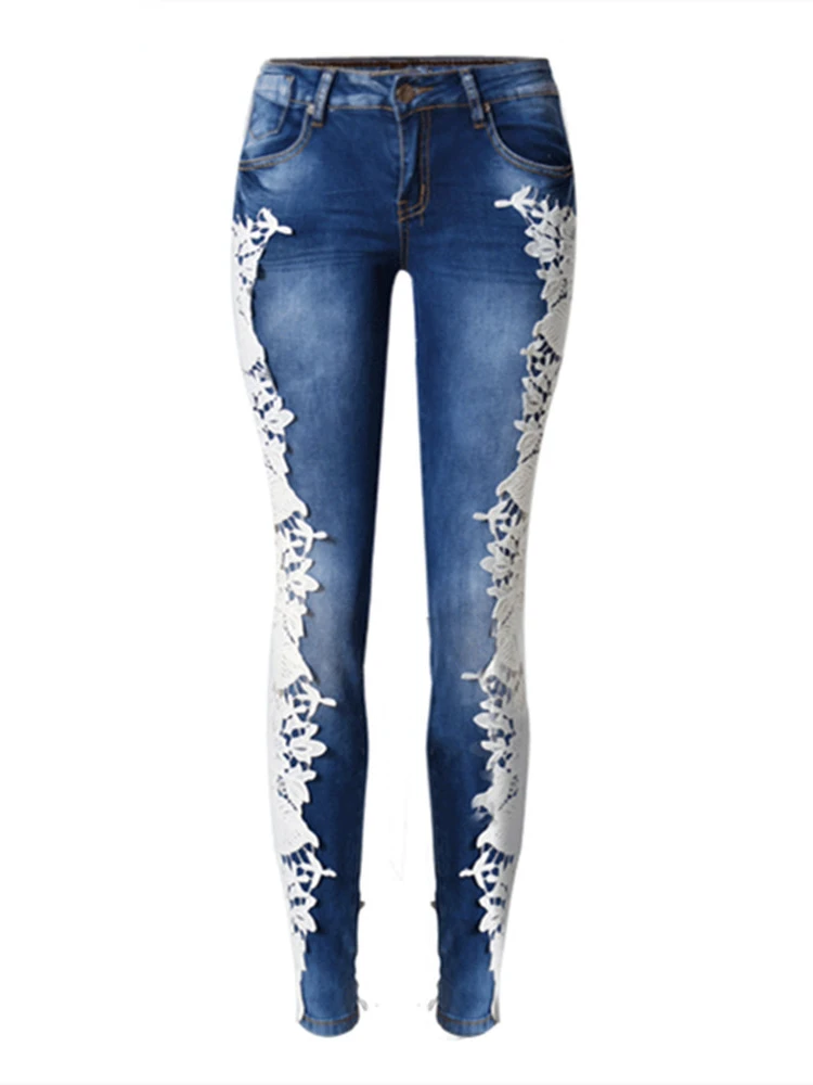 

Side Stripe Stitching Lace Skinny Jeans Female Thin Sexy Casual Street Wear Low Waist Strech Denim Blue Pants Ladies Clothing