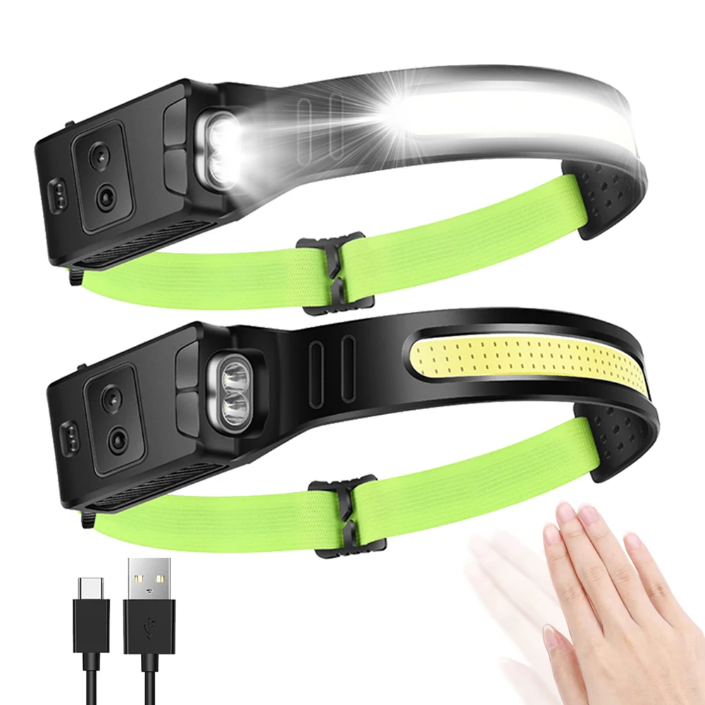

COB светодиодный налобный светильник с датчиком налобный фонарь со встроенным аккумулятором для кемпинга флэш-светильник USB Перезаряжаемый ...